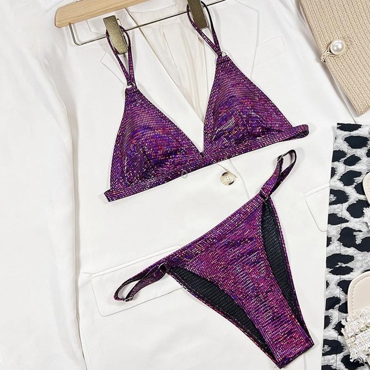 Split Multicolor Gradient Bikini Sexy Strap Buckle Beach Swimsuit, Size: M(2)