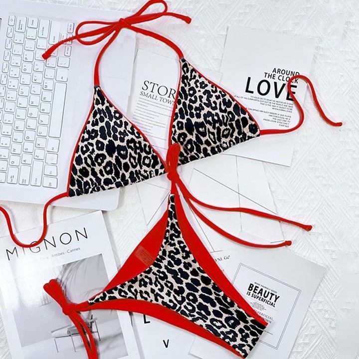 Leopard-print Sexy Split Bikini Halter Lace-Up Beach Swimsuit, Size: S(2)