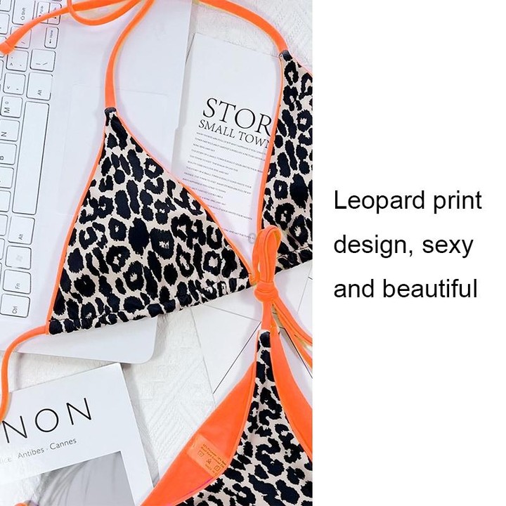 Leopard-print Sexy Split Bikini Halter Lace-Up Beach Swimsuit, Size: M(1)