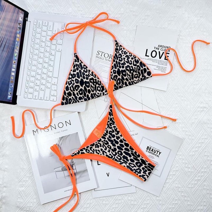 Leopard-print Sexy Split Bikini Halter Lace-Up Beach Swimsuit, Size: L(1)