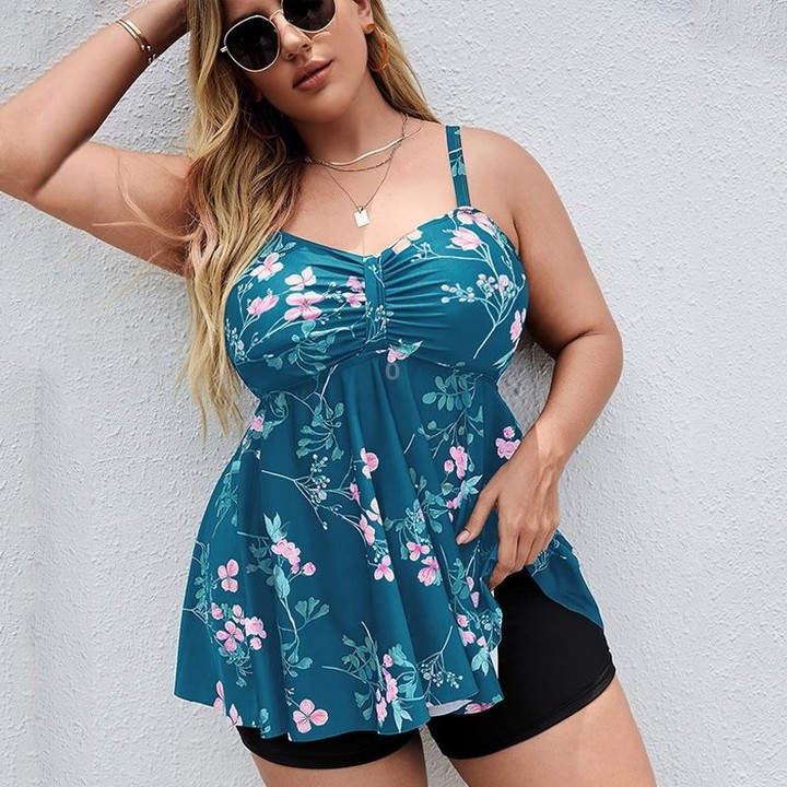 Two-Piece Suspender Skirt Swimsuit Digital Print Boxer Swimsuit Set, Size: L(Lake Blue Flower)