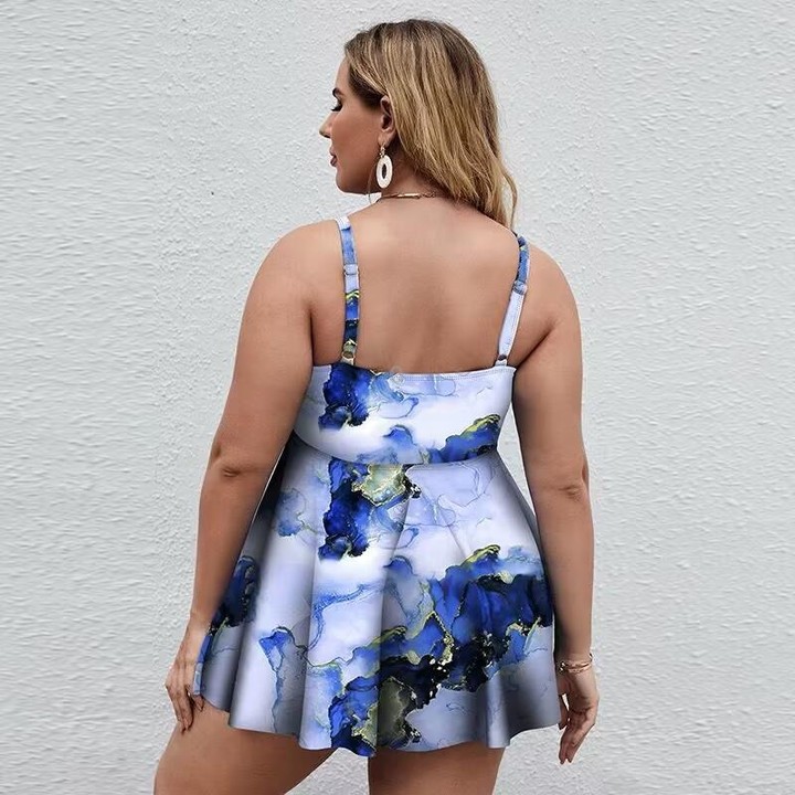 Two-Piece Suspender Skirt Swimsuit Digital Print Boxer Swimsuit Set, Size: XXL(Black Marble)