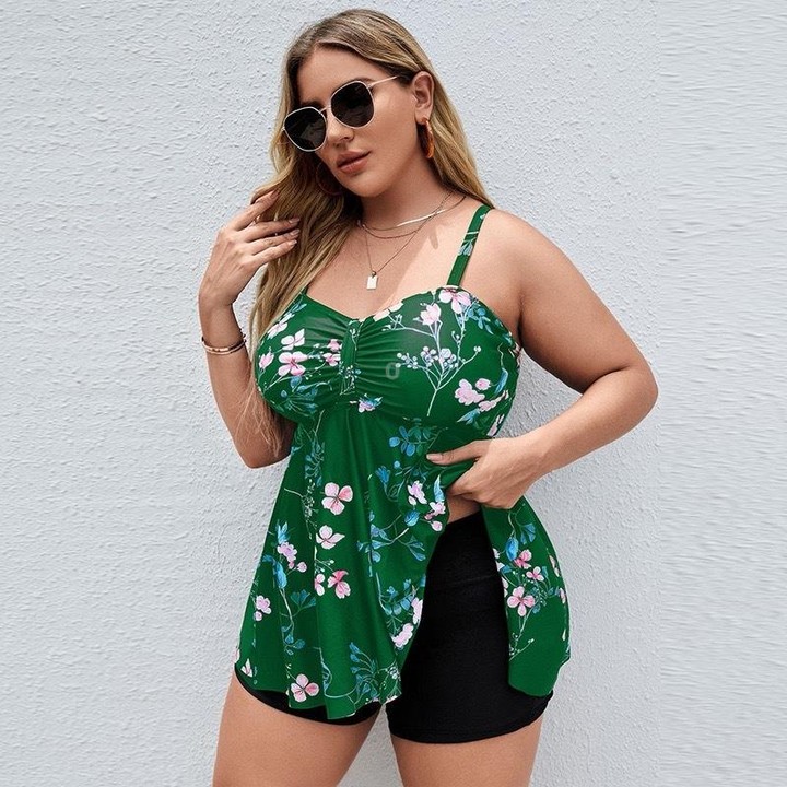 Two-Piece Suspender Skirt Swimsuit Digital Print Boxer Swimsuit Set, Size: XXXL(Green Flower)