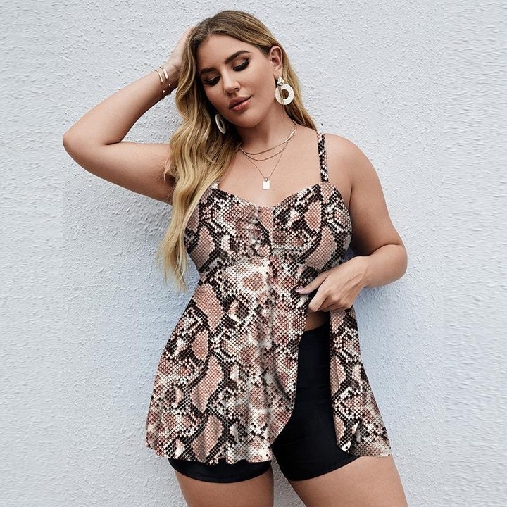 Two-Piece Suspender Skirt Swimsuit Digital Print Boxer Swimsuit Set, Size: XXXL(Snake Pattern Flower)
