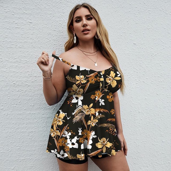 Two-Piece Suspender Skirt Swimsuit Digital Print Boxer Swimsuit Set, Size: XXXXL(Black Gold Flower)