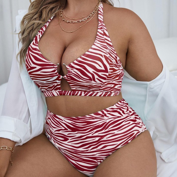 Two-Piece Textured-Print Bikini Push-Up Hollow Halter Swimsuit, Size: XL(1)