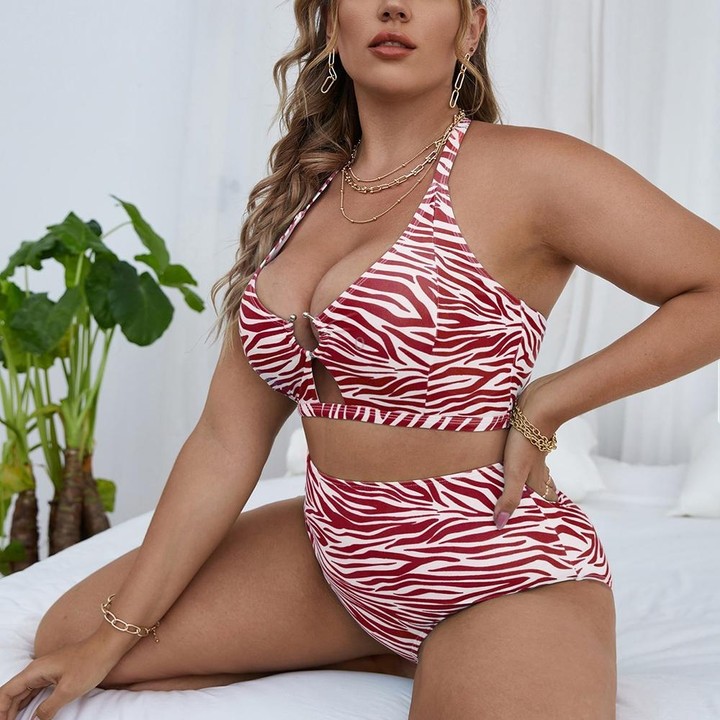 Two-Piece Textured-Print Bikini Push-Up Hollow Halter Swimsuit, Size: XXL(1)