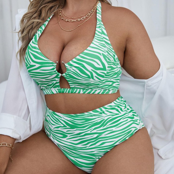 Two-Piece Textured-Print Bikini Push-Up Hollow Halter Swimsuit, Size: XXL(3)