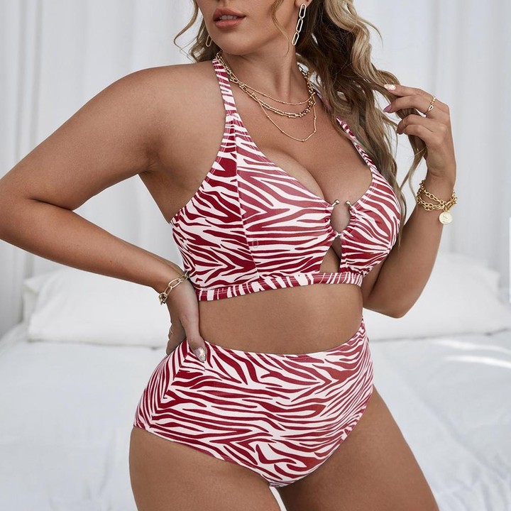 Two-Piece Textured-Print Bikini Push-Up Hollow Halter Swimsuit, Size: XXXXL(1)