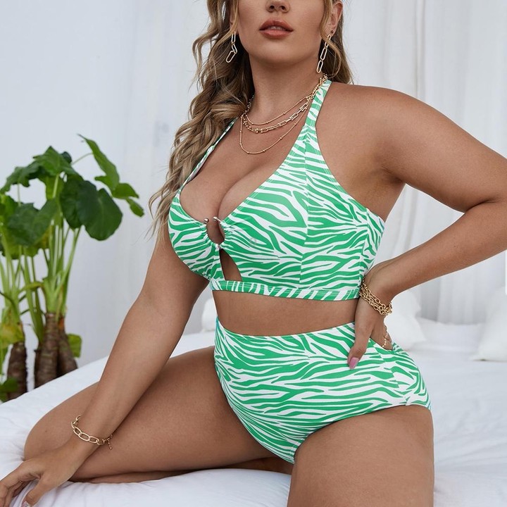 Two-Piece Textured-Print Bikini Push-Up Hollow Halter Swimsuit, Size: XXXXL(3)