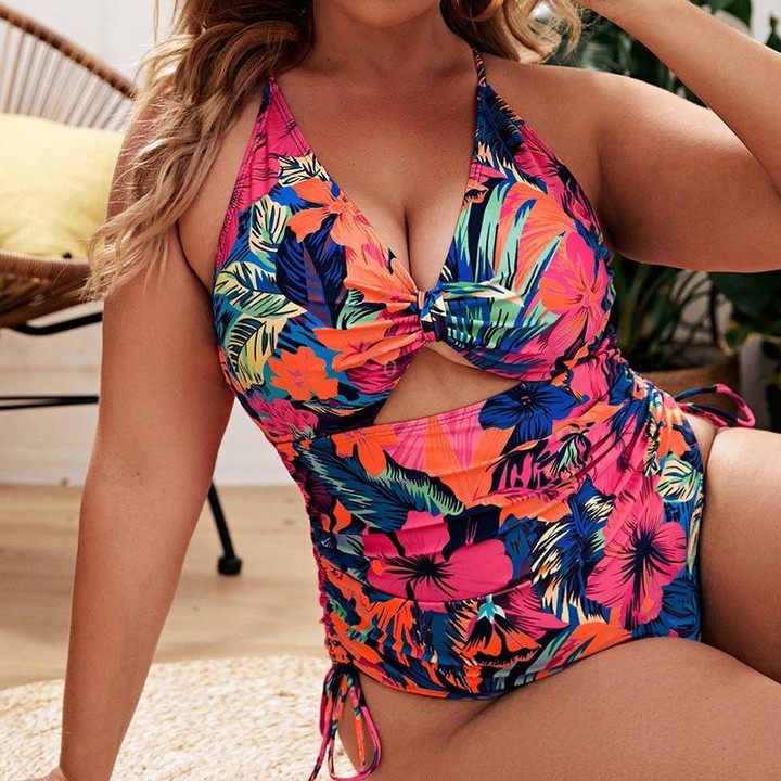 Digital Printing One-Piece Bikini Drawstring Lace-Up Halter Swimsuit, Size: L(1)