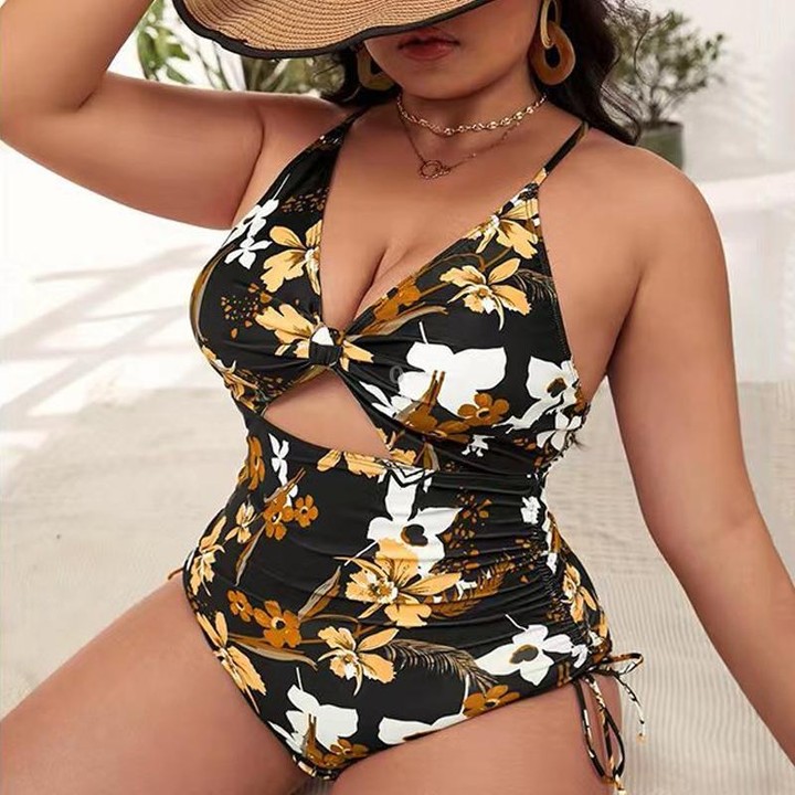Digital Printing One-Piece Bikini Drawstring Lace-Up Halter Swimsuit, Size: L(3)