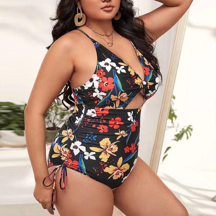 Digital Printing One-Piece Bikini Drawstring Lace-Up Halter Swimsuit, Size: XL(2)