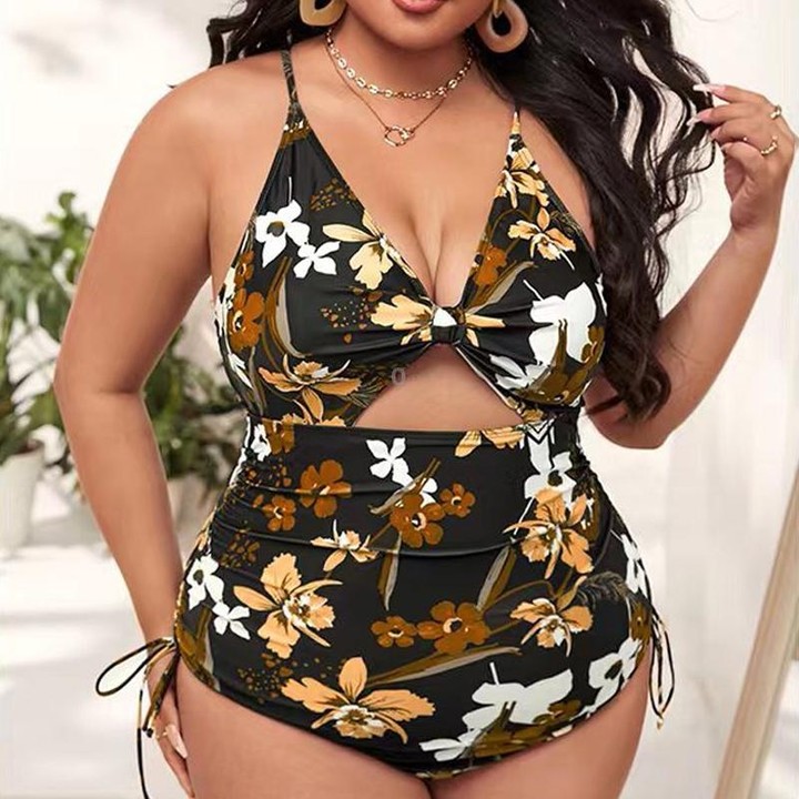 Digital Printing One-Piece Bikini Drawstring Lace-Up Halter Swimsuit, Size: XL(3)