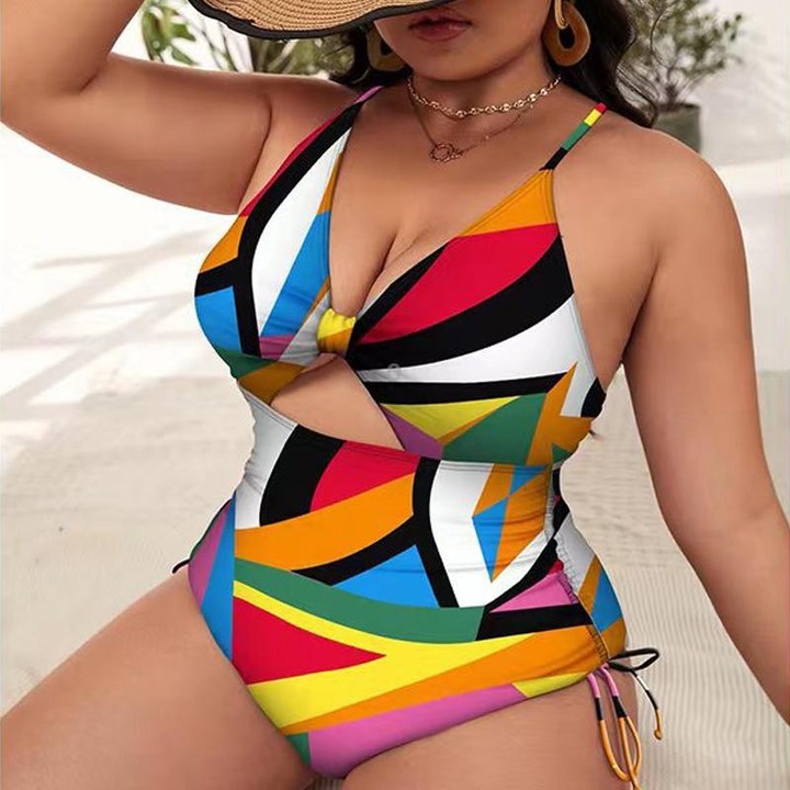 Digital Printing One-Piece Bikini Drawstring Lace-Up Halter Swimsuit, Size: XXL(4)