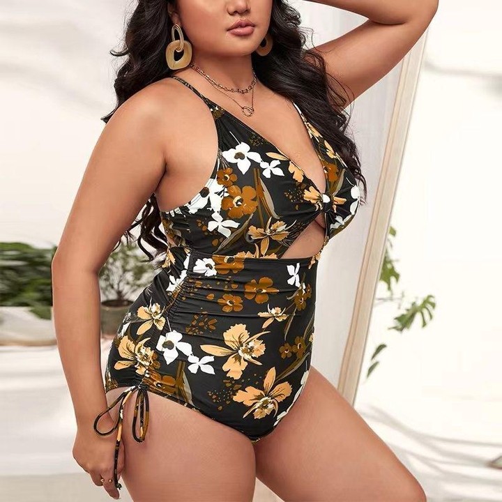 Digital Printing One-Piece Bikini Drawstring Lace-Up Halter Swimsuit, Size: XXXL(3)