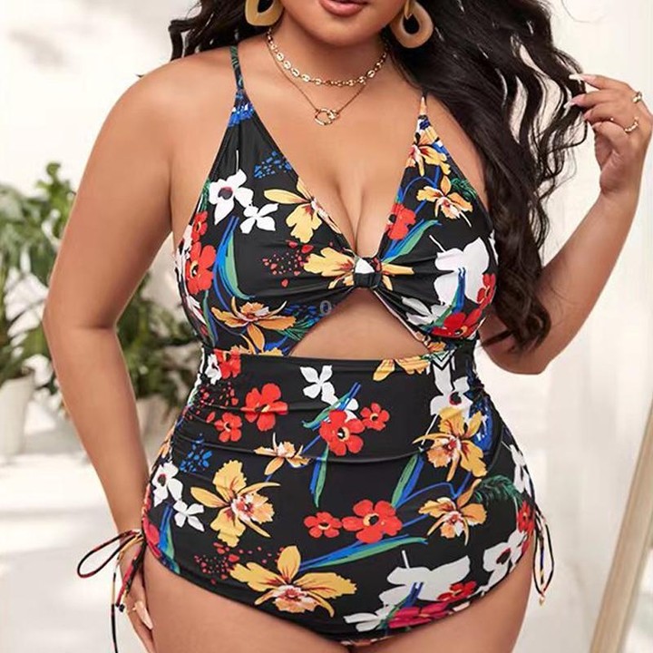 Digital Printing One-Piece Bikini Drawstring Lace-Up Halter Swimsuit, Size: XXXXL(2)