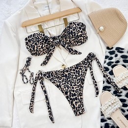 Leopard Printing Split Bikini Chest Knoted Sexy Lace-up Swimsuit, Size: L(Photo Color)