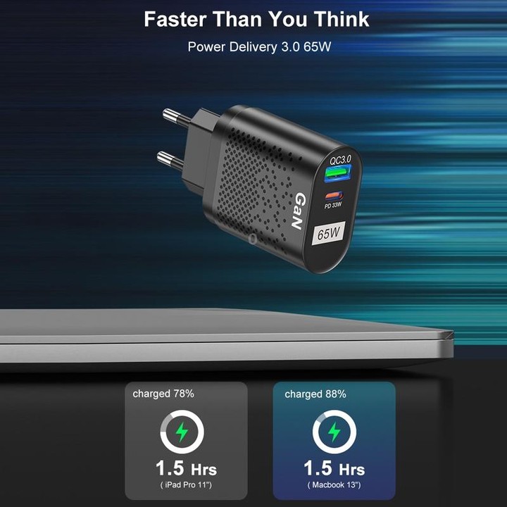 BK375-GaN AU Plug USB+Type-C 65W GaN Mobile Phone Charger PD Fast Charge Computer Adapter, Color: Black
