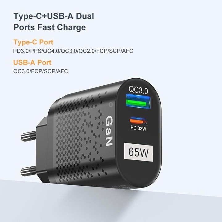BK375-GaN AU Plug USB+Type-C 65W GaN Mobile Phone Charger PD Fast Charge Computer Adapter, Color: Black