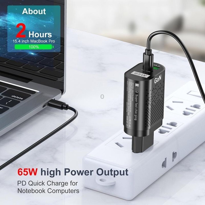 BK375-GaN KR Plug USB+Type-C 65W GaN Mobile Phone Charger PD Fast Charge Computer Adapter, Color: Black