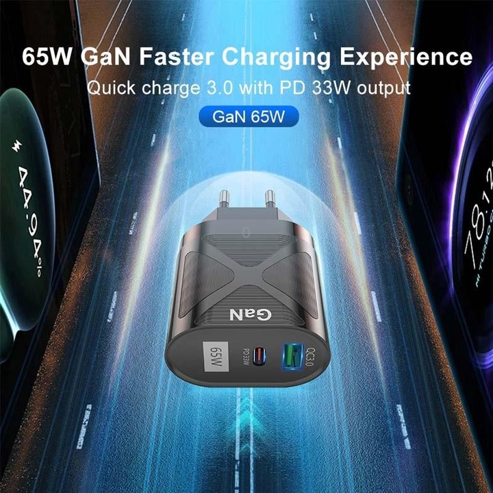 65W GAN PD + QC3.0 Fast Charger Phone Notebook Computer Universal Charging Head, Plug: UK Plug Black
