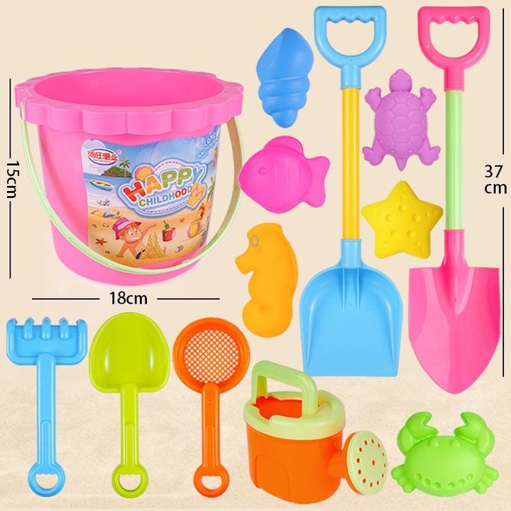 13pcs/Set Children Beach Toys Set Large Sand Shovel Bucket Sand Digging Tools Hourglass, Color: Pink Lace Barrel