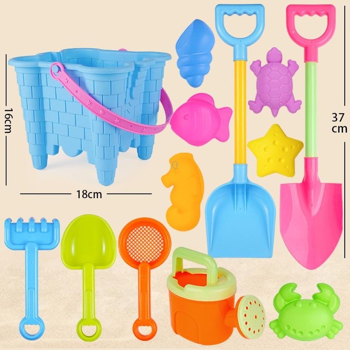 13pcs/Set Children Beach Toys Set Large Sand Shovel Bucket Sand Digging Tools Hourglass, Color: Blue Square Castle