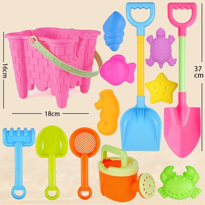 13pcs/Set Children Beach Toys Set Large Sand Shovel Bucket Sand Digging Tools Hourglass, Color: Pink Square Castle