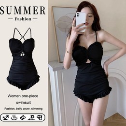 Women One-Piece Swimsuit Sexy Conservative Belly Shading Slim Swimwear, Size: XL(Black)