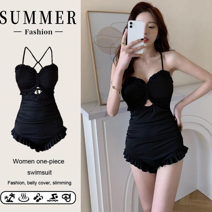 Women One-Piece Swimsuit Sexy Conservative Belly Shading Slim Swimwear, Size: XL(Black)