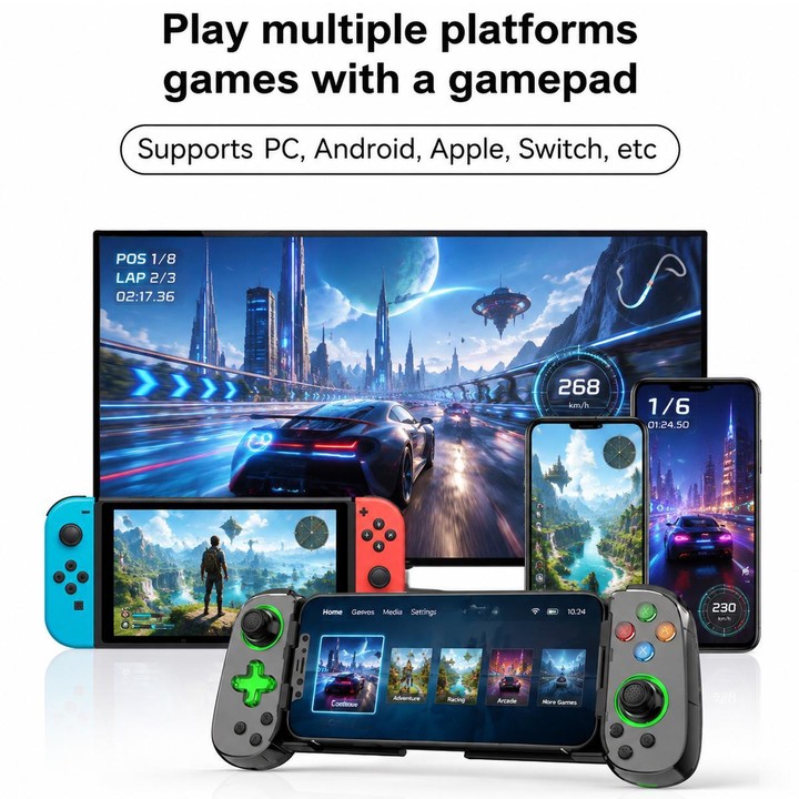 D7 BT5.0 Retractable Gamepad With Light For PC / Android / IPhone /Win7 10 11/Mac OS/Switch(White)