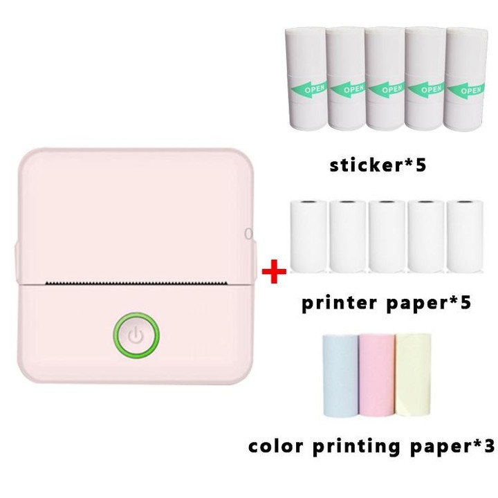 X6 200DPI Student Homework Printer Bluetooth Inkless Pocket Printer Pink 5 Printer Papers+5 Sickers+3 Color Papers