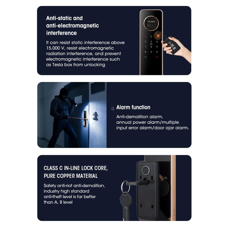 T100A 3D Face Recognition Fingerprint Code Card Digital Door Lock(Space Gray)