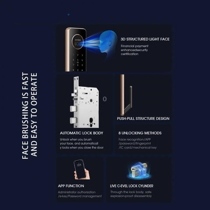 T100A 3D Face Recognition Fingerprint Code Card Digital Door Lock(Rose Gold)