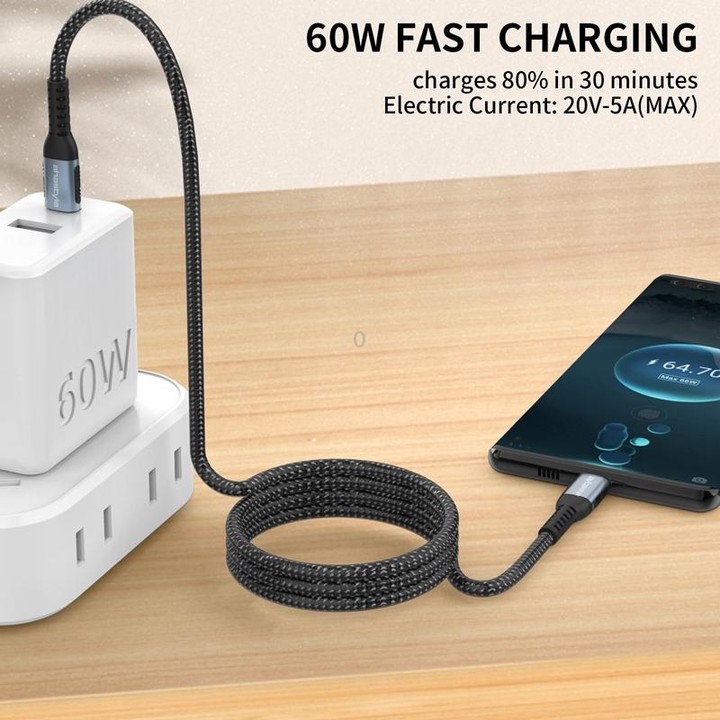 For Type-C Interface Devices AhaStyle Nylon Braided Dual Charging Cable, Power: 60W