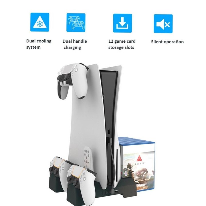 For PS5 iplay Dual-seat Charging and Cooling Base Bracket Storage Rack(Black)