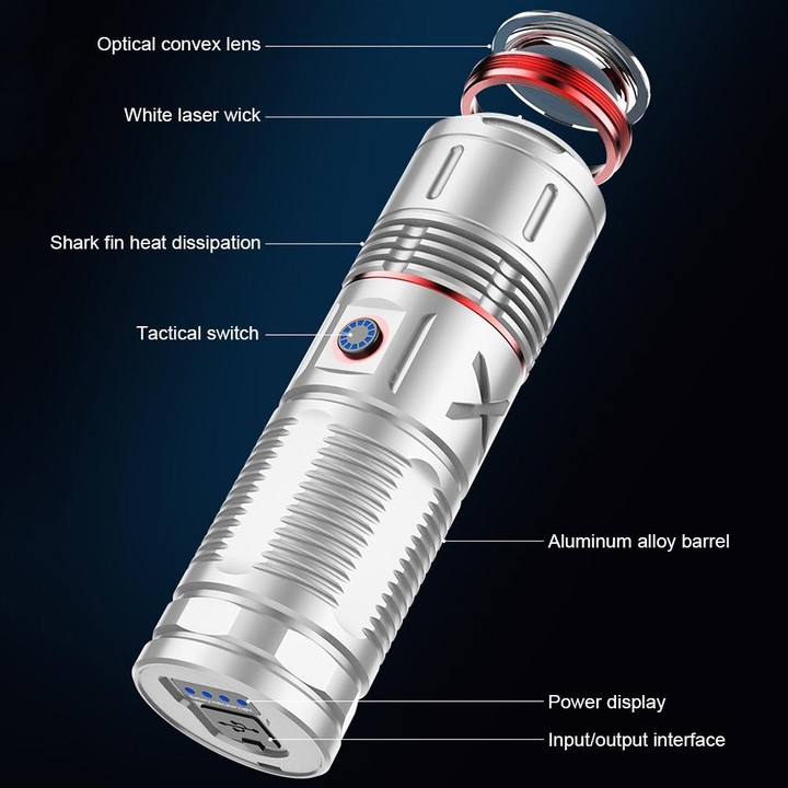 Outdoor White Laser Type-C Charging Telescopic Zoom Flashlight with Power Bank Function(Silver)