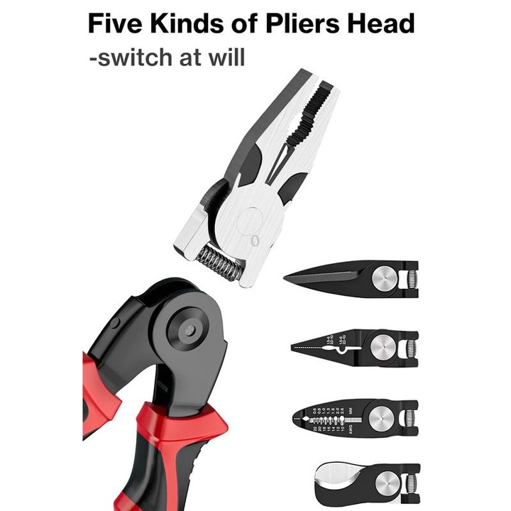 5 In 1 Combination Interchangeable Head Pliers Kit General Repair Screwdriver Pliers(Red Black)