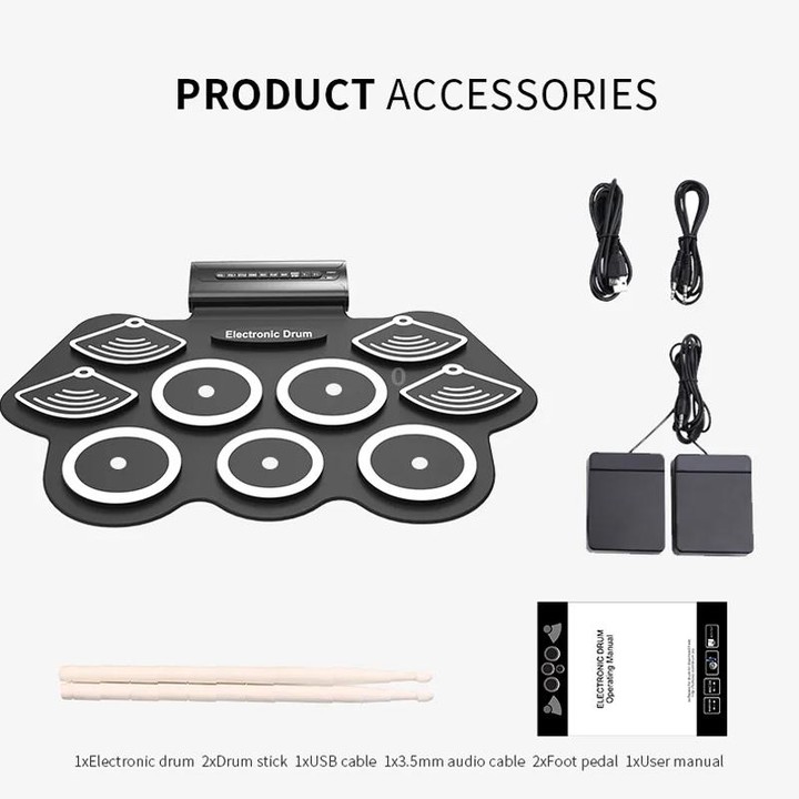 W562 Thickened 7 Drum Set Silicone Hand Rolled Drums Jazz Drums Percussion Instruments Electronic Drums