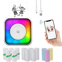 RGB Light Portable Mini Bluetooth Printer Inkless Document Label Printer with 1-Roll Paper