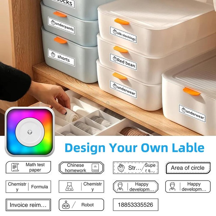 RGB Light Portable Mini Bluetooth Printer Inkless Document Label Printer with 5-Rolls Paper