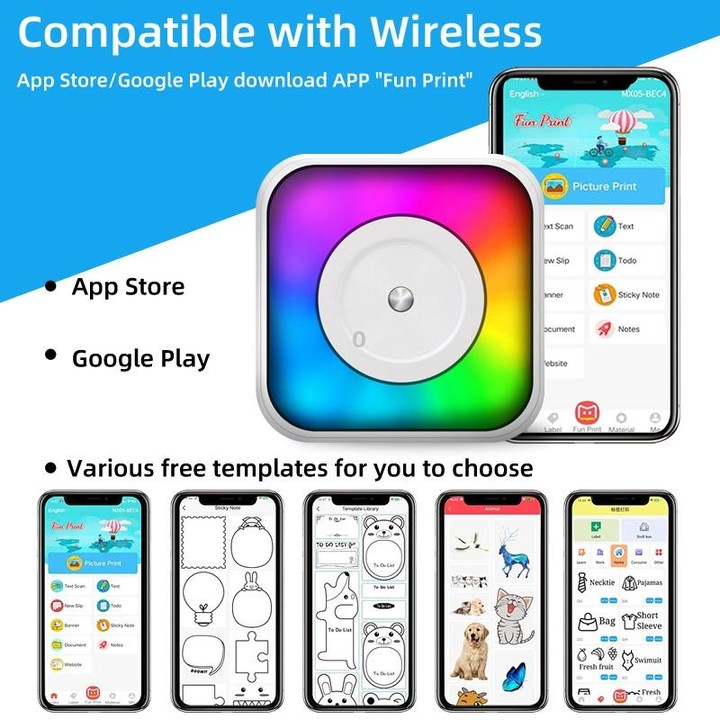 RGB Light Portable Mini Bluetooth Printer Inkless Document Label Printer with 5-Rolls Stickers