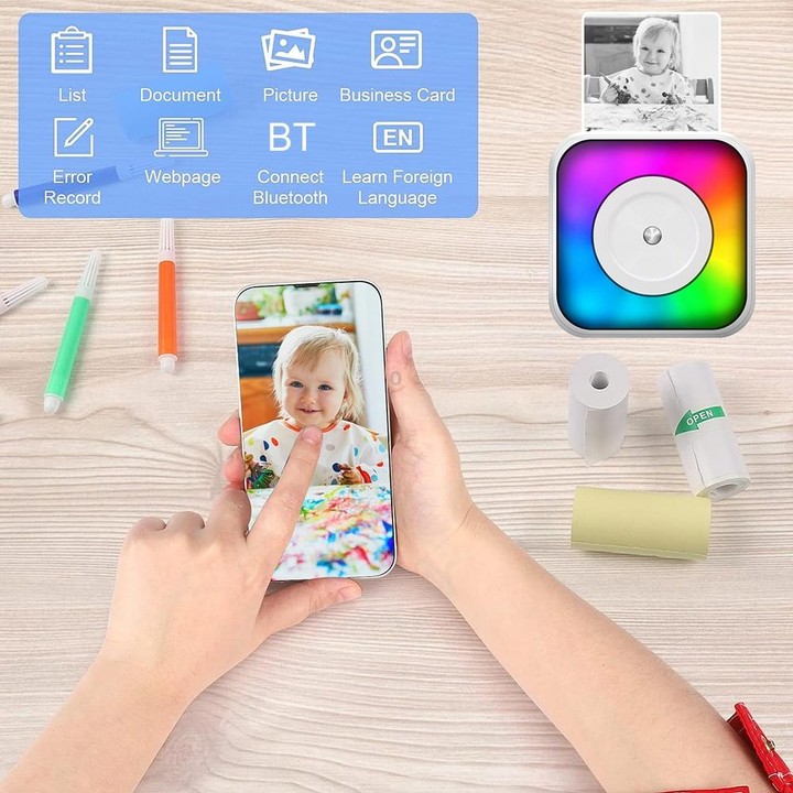 RGB Light Portable Mini Bluetooth Printer Inkless Document Label Printer with 5-Rolls Stickers