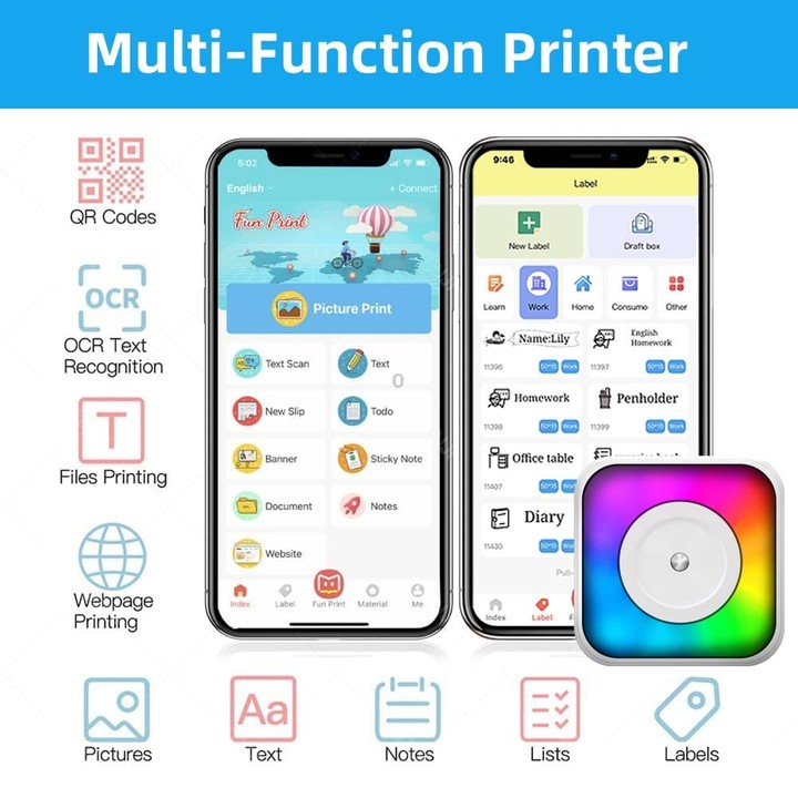 RGB Light Portable Mini Bluetooth Printer Inkless Document Label Printer with 5-Rolls Stickers