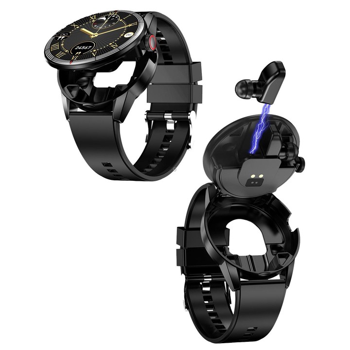 R6 1.32-Inch TWS 2-In-1 Bluetooth Headset Smart Watch, Heart Rate / Blood Oxygen Monitoring(Black Leather)
