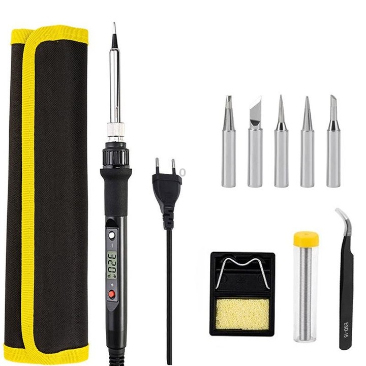 10pcs/ Set 80W Internal Heating Welding Digital Display Soldering Iron Temperature Adjustment Set, Model: Black EU Plug
