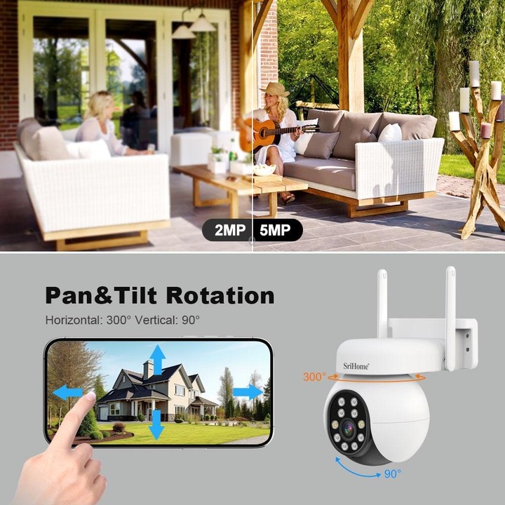 SriHome SH052 Wifi 5MP Wireless PTZ IP AI Auto Tracking Sound&Light Alarm Starlight Color Night Vision Outdoors Surveillance Cam