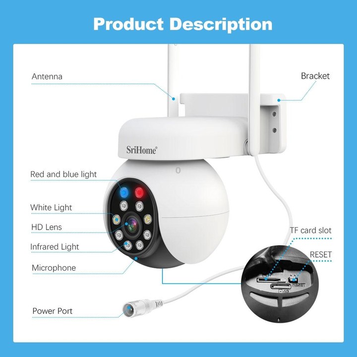 SriHome SH052 Wifi 5MP Wireless PTZ IP AI Auto Tracking Sound&Light Alarm Starlight Color Night Vision Outdoors Surveillance Cam