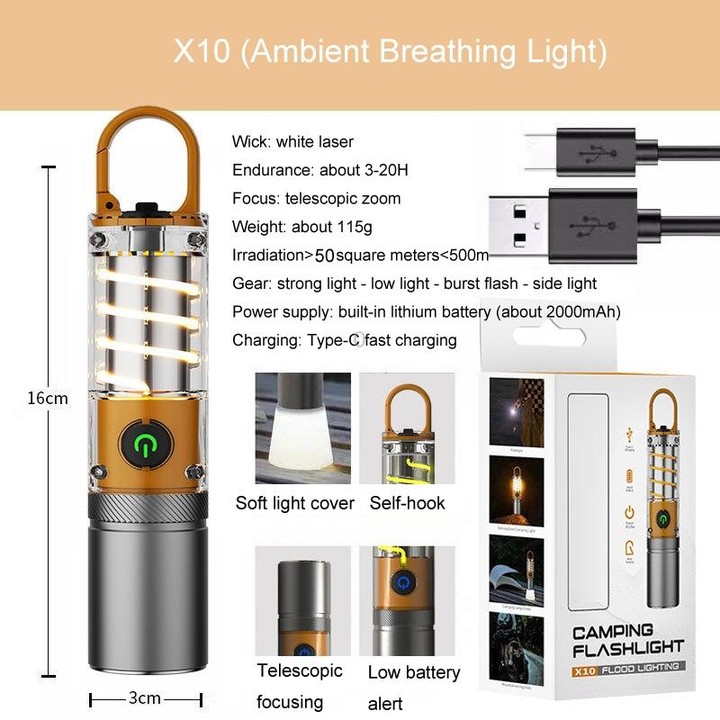 X10 White Laser Outdoor LED Flashlight Multi-Functional Camping Lighting Flashlight Portable Rechargeable Work Lamp
